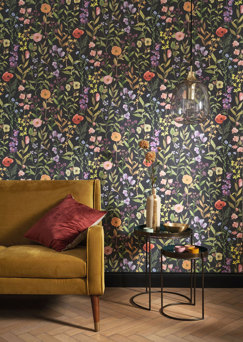 Fleurs Des Champs Noir Fusain Gardens Wallpaper by Casadeco