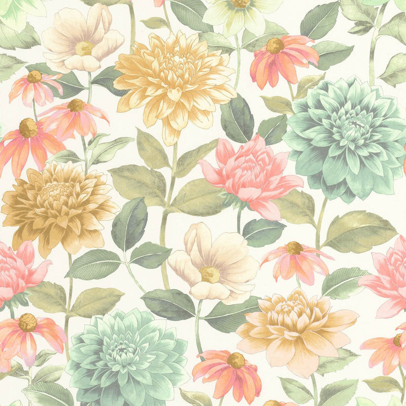 Dahlia Bouquet Fond Blanc Gardens Wallpaper by Casadeco