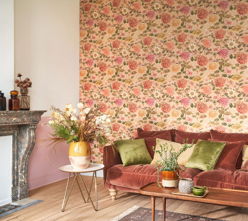 Dahlia Rose Nude Gardens Wallpaper by Casadeco