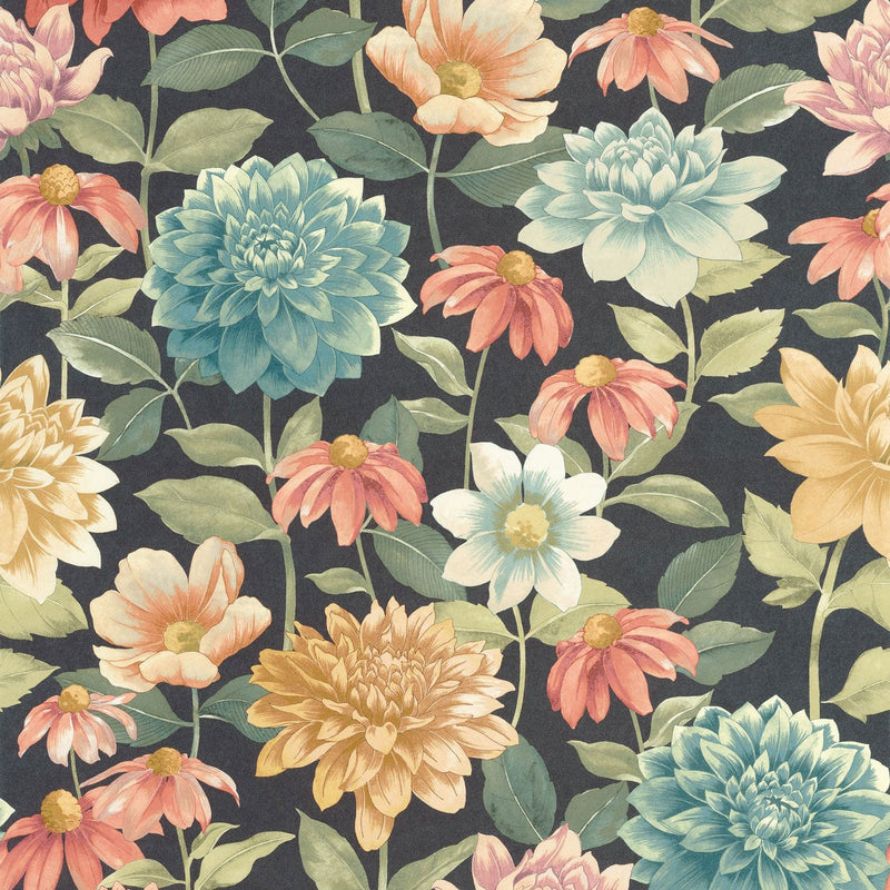 Dahlia Bouquet Fond Noir Gardens Wallpaper by Casadeco