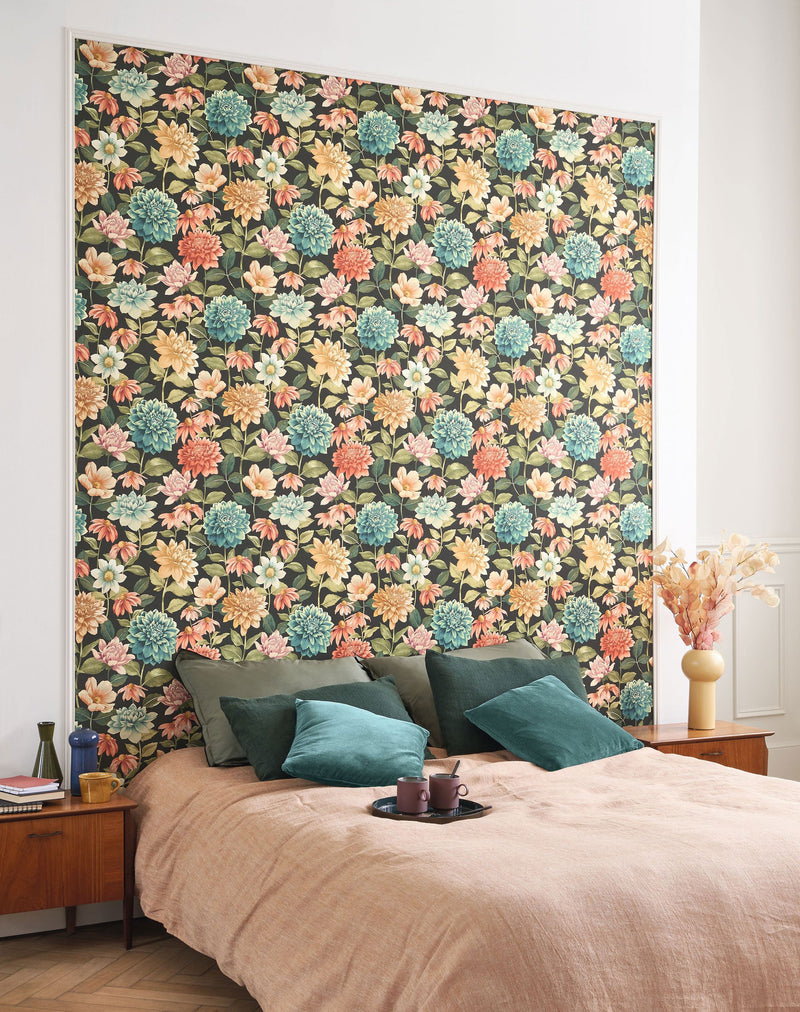 Dahlia Bouquet Fond Noir Gardens Wallpaper by Casadeco