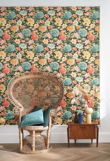 Dahlia Bouquet Fond Noir Gardens Wallpaper by Casadeco