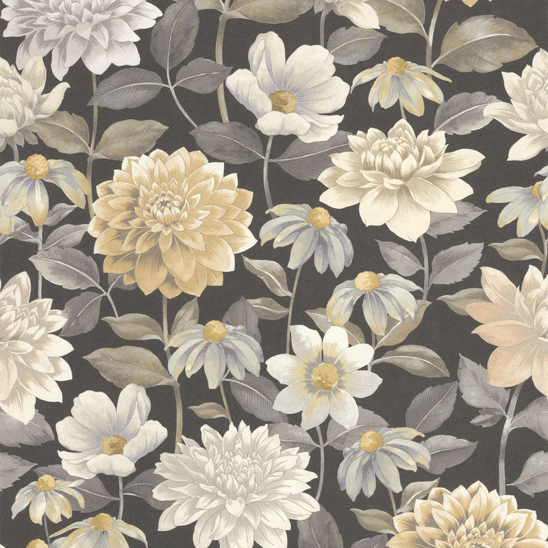 Dahlia Noir Fusain Gardens Wallpaper by Casadeco