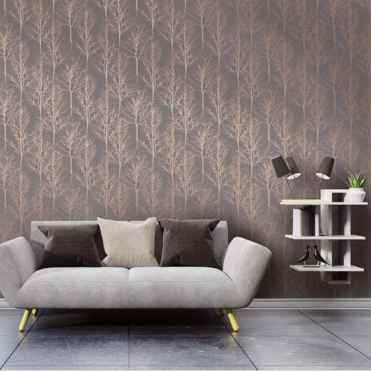 90761 Rhea Zandra Trees Grey and Rose Gold Wallpaper By Holden DŽcor