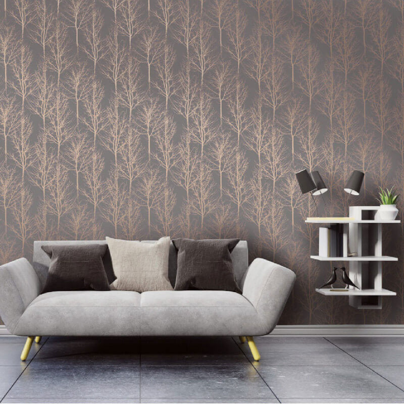 90761 Rhea Zandra Trees Grey and Rose Gold Wallpaper By Holden DŽcor
