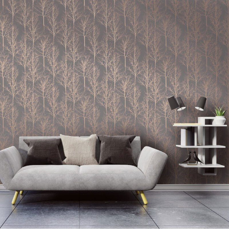 Rhea Zandra Trees Grey and Rose Gold Wallpaper By Holden DŽcor
