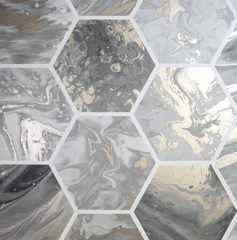 908502 Marbled Hexagon Charcoal and Rose Gold Wallpaper By Arthouse