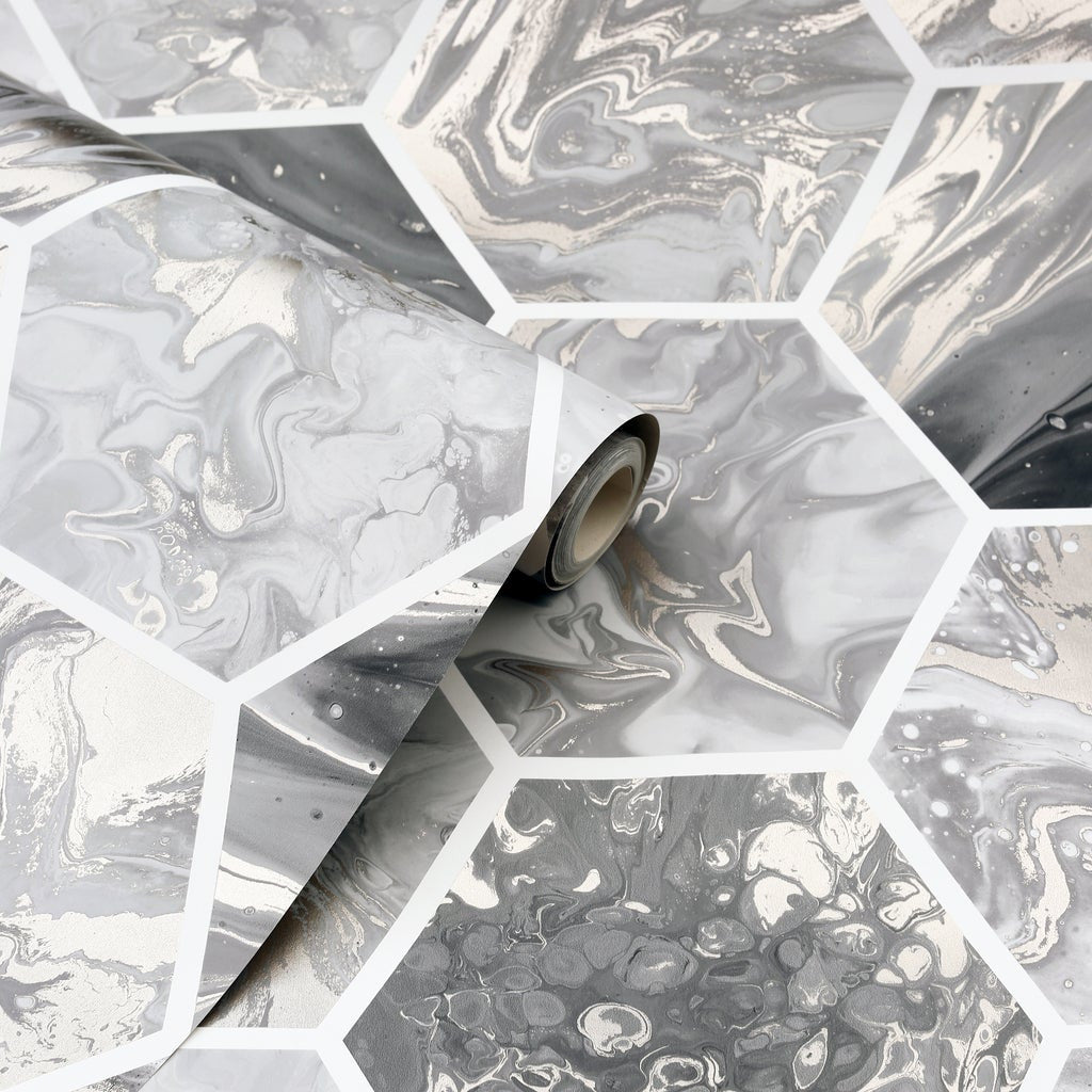 908502 Marbled Hexagon Charcoal and Rose Gold Wallpaper By Arthouse