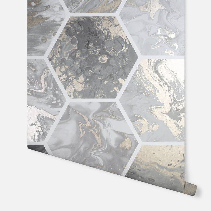 908502 Marbled Hexagon Charcoal and Rose Gold Wallpaper By Arthouse