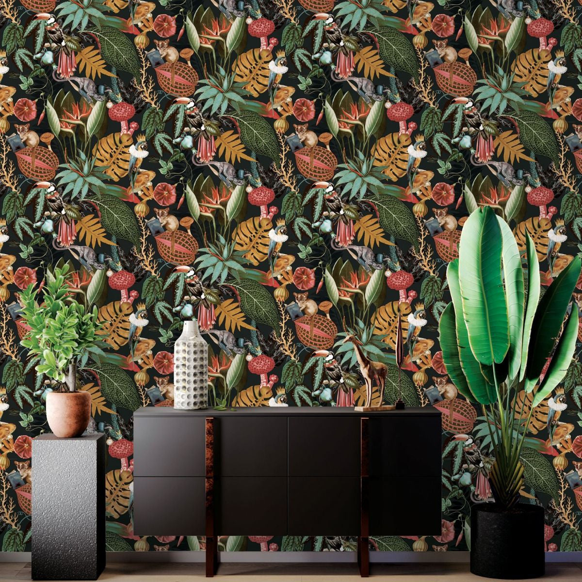 91193 Wonderland Tropical Black Wallpaper by Holden Decor