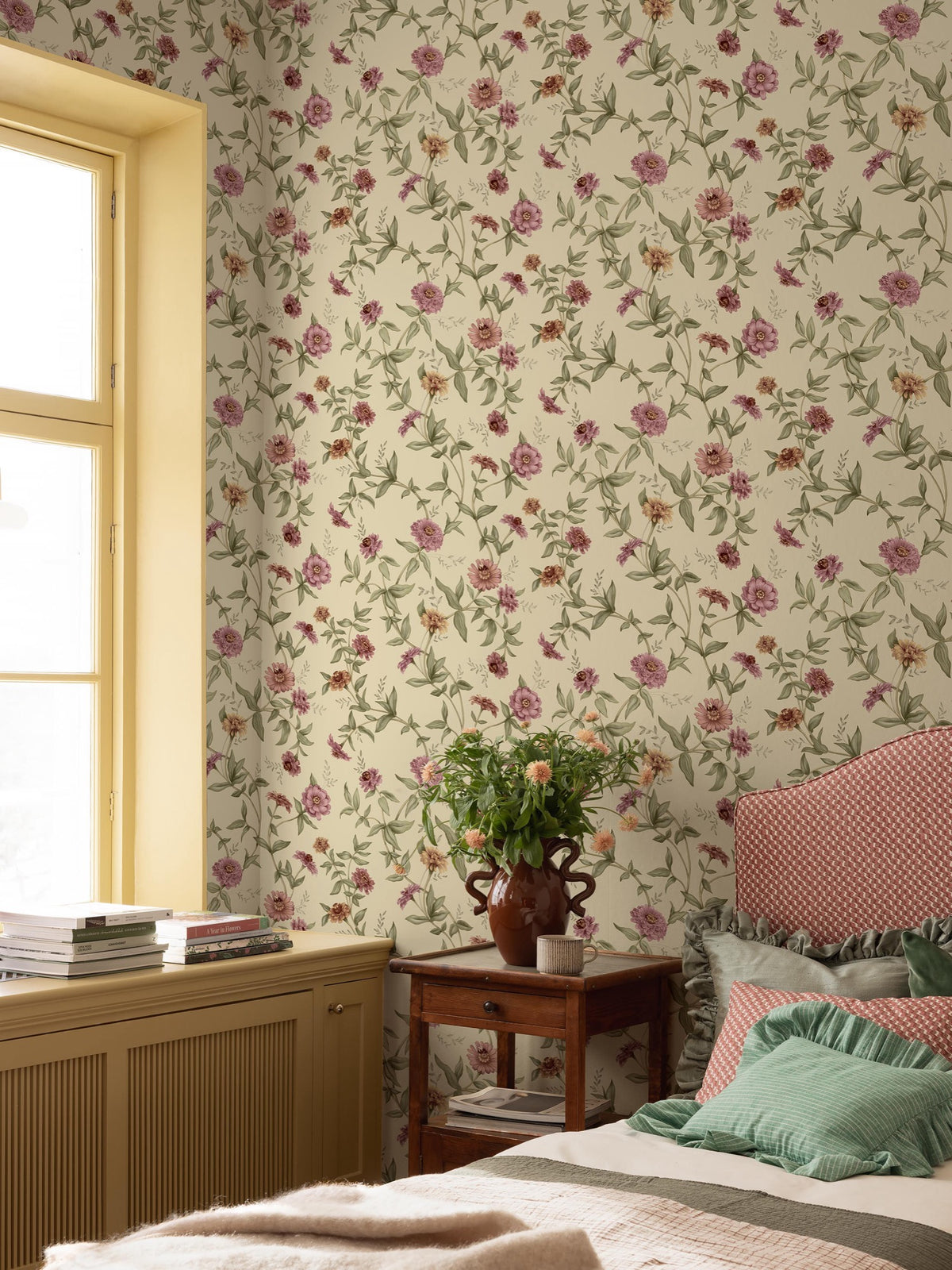 9154 Zinnia Buttery Yellow Flowers Wallpaper by Boråstapeter - Roomshot