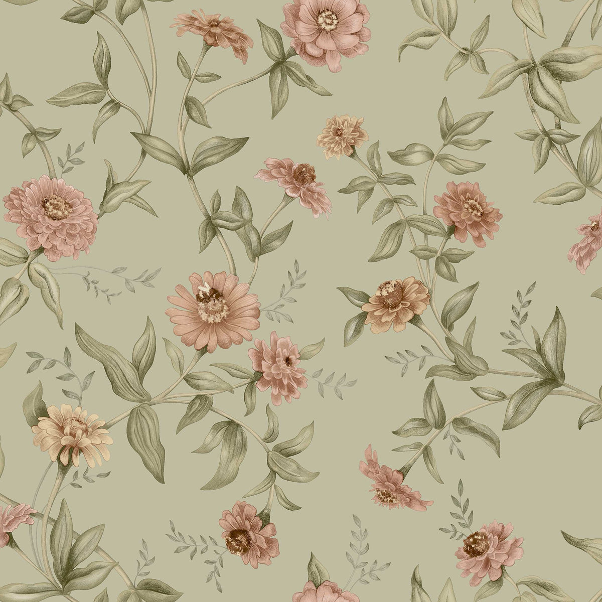 9155 Zinnia Warm Green Flowers Wallpaper by Boråstapeter - Flat
