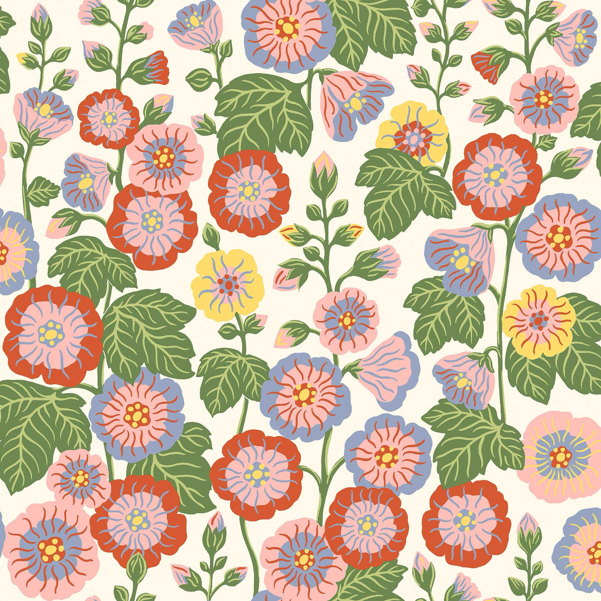 9171 Happy Hollyhocks Red Pink Flowers Wallpaper by Boråstapeter - Flat