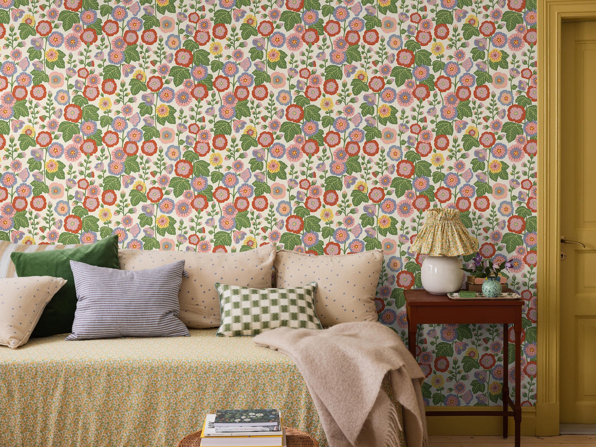9171 Happy Hollyhocks Red Pink Flowers Wallpaper by Boråstapeter - Roomshot