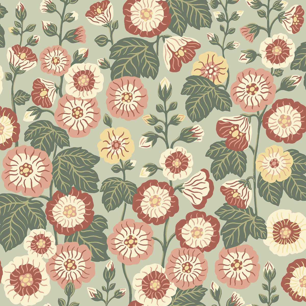 9172 Happy Hollyhocks Green Red Flowers Wallpaper by Boråstapeter - Flat