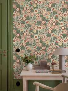9172 Happy Hollyhocks Green Red Flowers Wallpaper by Boråstapeter - Roomshot
