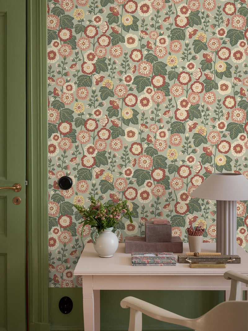 9172 Happy Hollyhocks Green Red Flowers Wallpaper by Boråstapeter - Roomshot