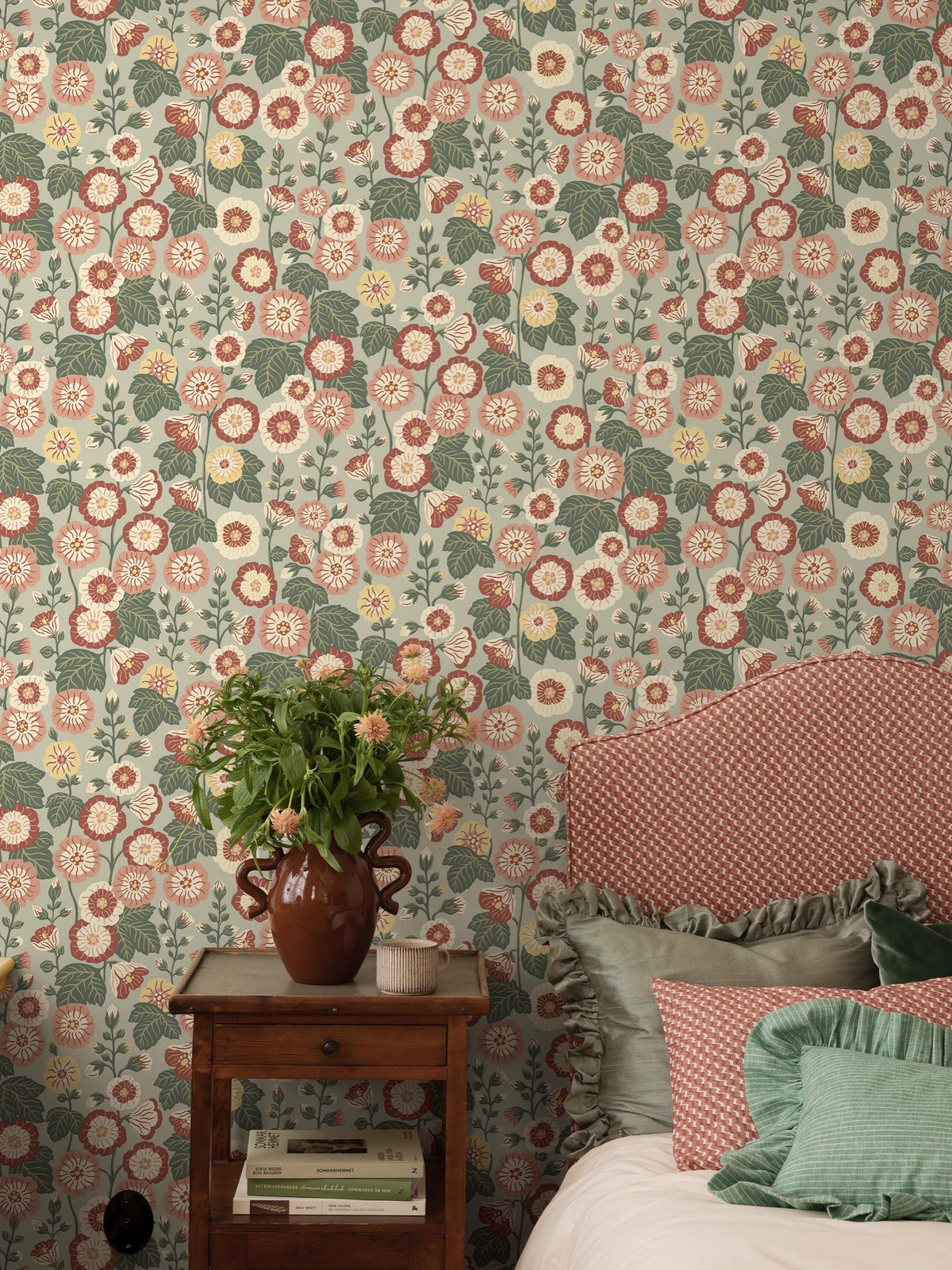 9172 Happy Hollyhocks Green Red Flowers Wallpaper by Boråstapeter - Roomshot