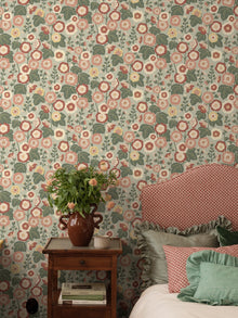 9172 Happy Hollyhocks Green Red Flowers Wallpaper by Boråstapeter - Roomshot