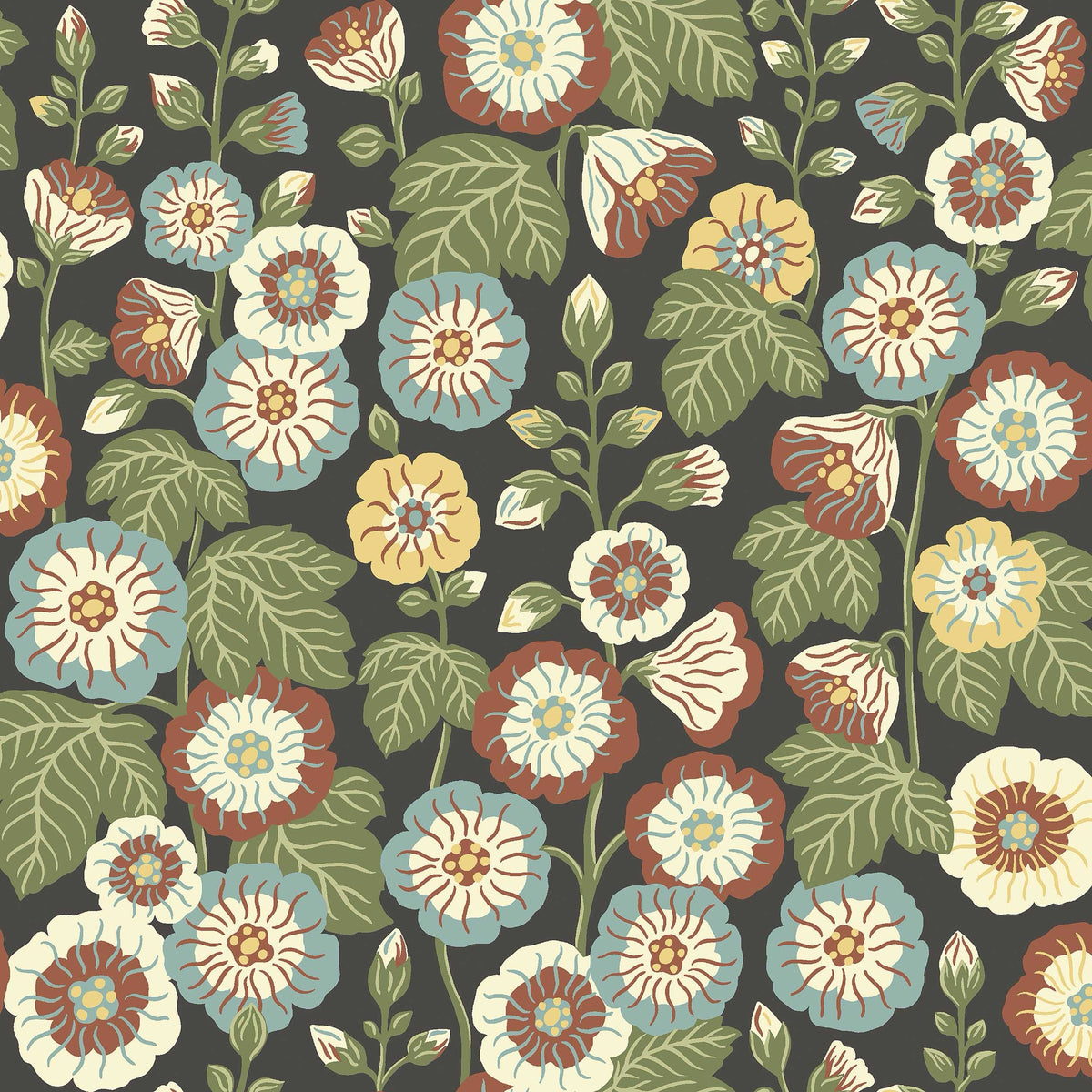 9173 Happy Hollyhocks Black Multi Flowers Wallpaper by Boråstapeter - Flat