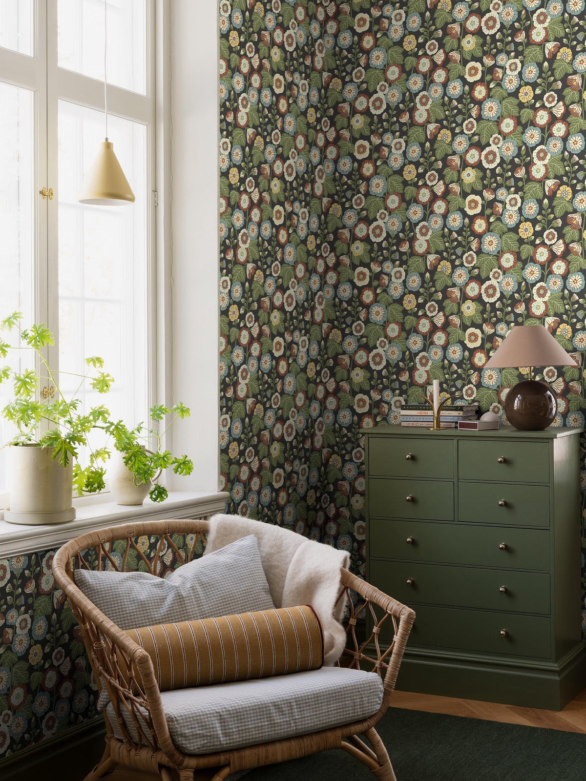 9173 Happy Hollyhocks Black Multi Flowers Wallpaper by Boråstapeter - Roomshot