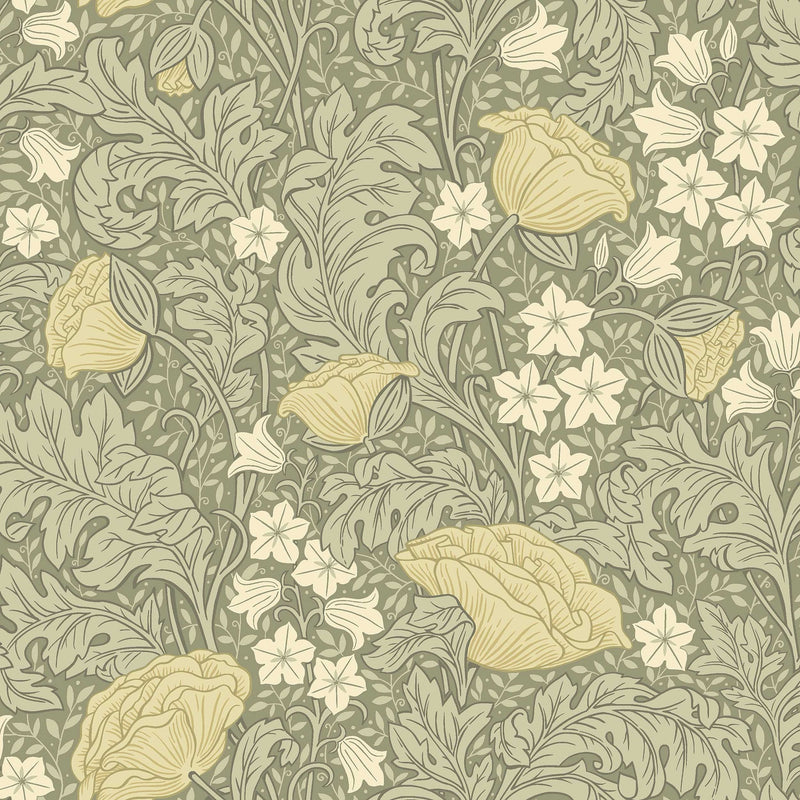 9178 Blomdansen Olive Green Flowers Wallpaper by Boråstapeter - Flat
