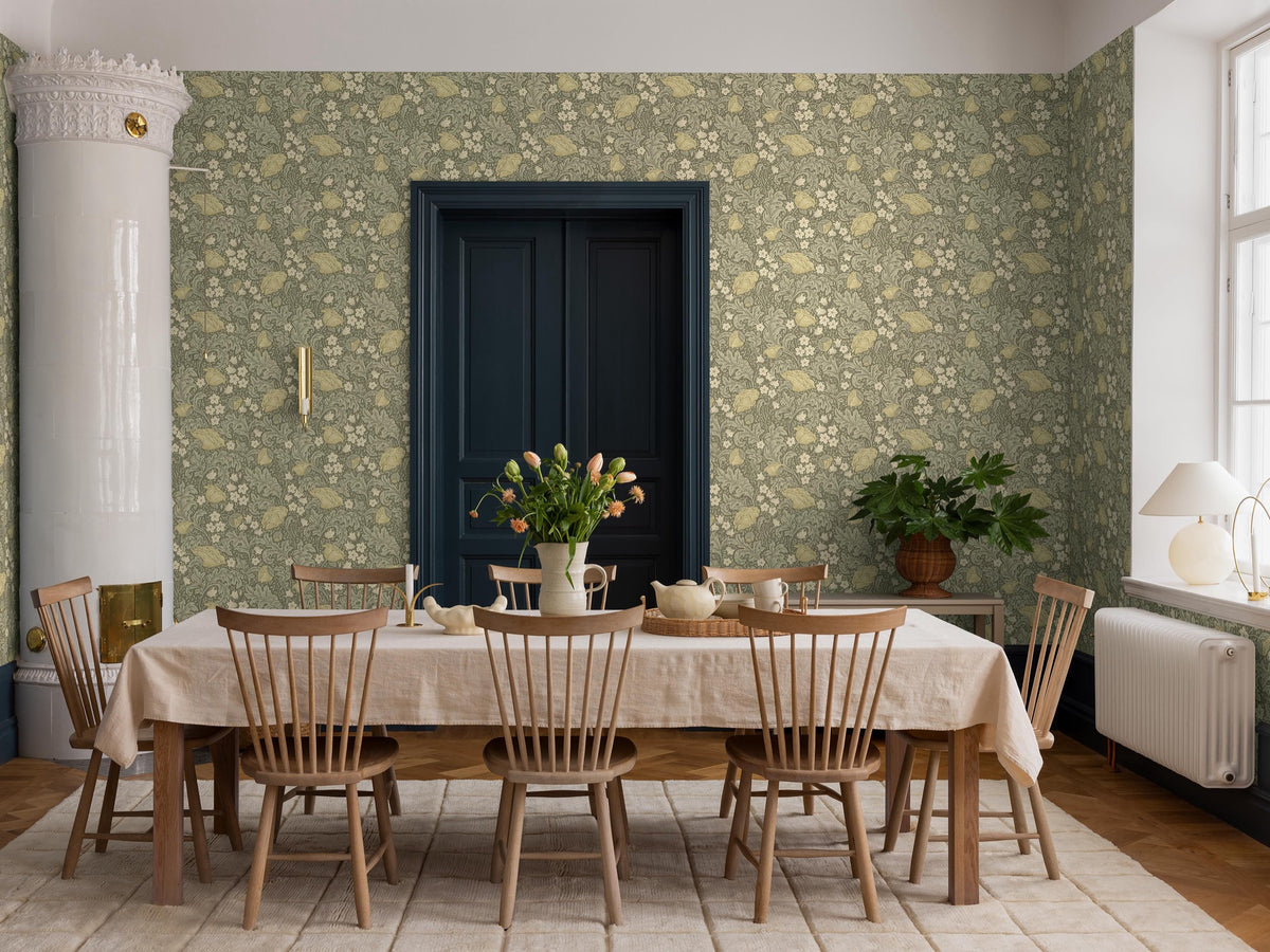 9178 Blomdansen Olive Green Flowers Wallpaper by Boråstapeter - Roomshot