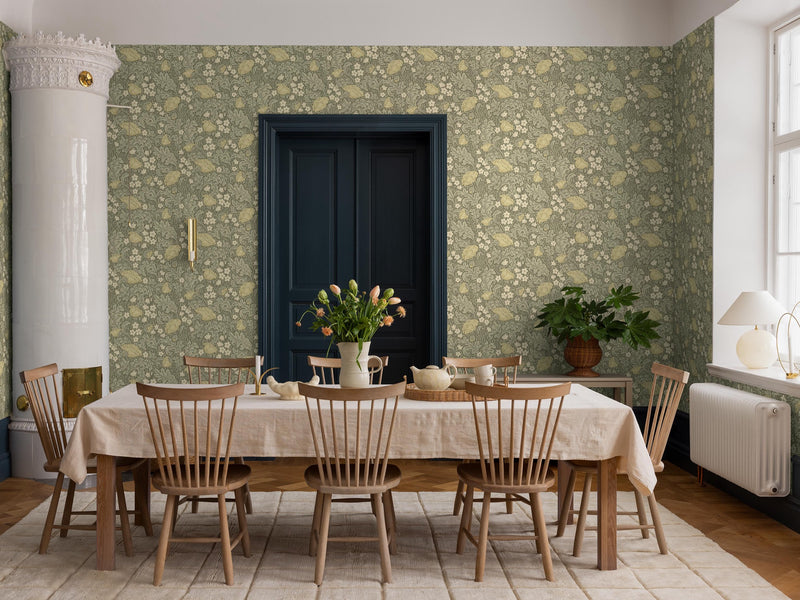 9178 Blomdansen Olive Green Flowers Wallpaper by Boråstapeter - Roomshot