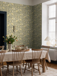 9178 Blomdansen Olive Green Flowers Wallpaper by Boråstapeter - Roomshot