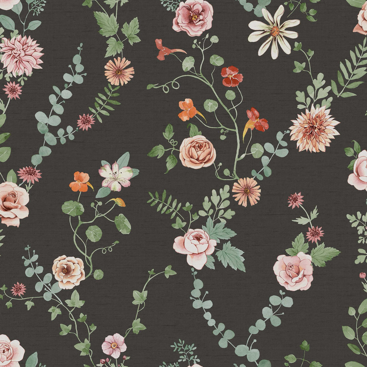 9182 Bouquet Flowers Black Multi Flowers Wallpaper by Boråstapeter - Flat