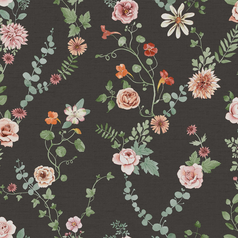 9182 Bouquet Flowers Black Multi Flowers Wallpaper by Boråstapeter - Flat