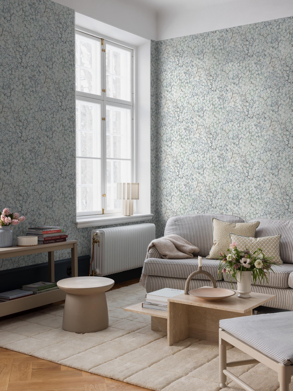 Hanami Blue Grey Flowers Wallpaper by Boråstapeter