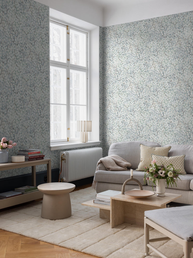 9184 Hanami Blue Grey Flowers Wallpaper by Boråstapeter - Roomshot