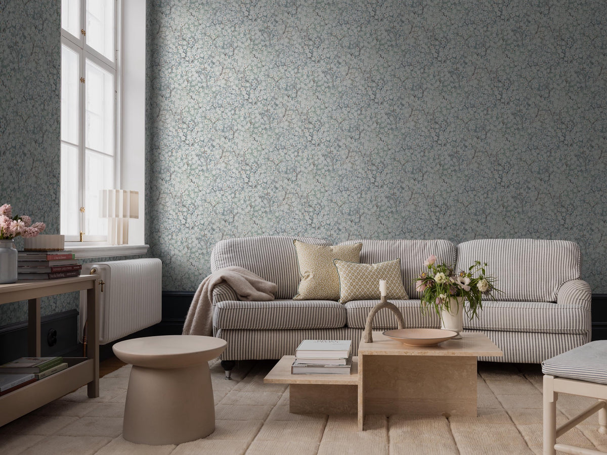 9184 Hanami Blue Grey Flowers Wallpaper by Boråstapeter - Roomshot