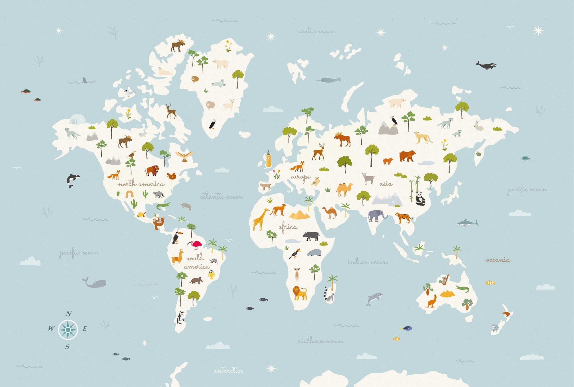 9700050 Animal Map Aqua (415 × 280 cm) Random Kids Mural by Coordonné