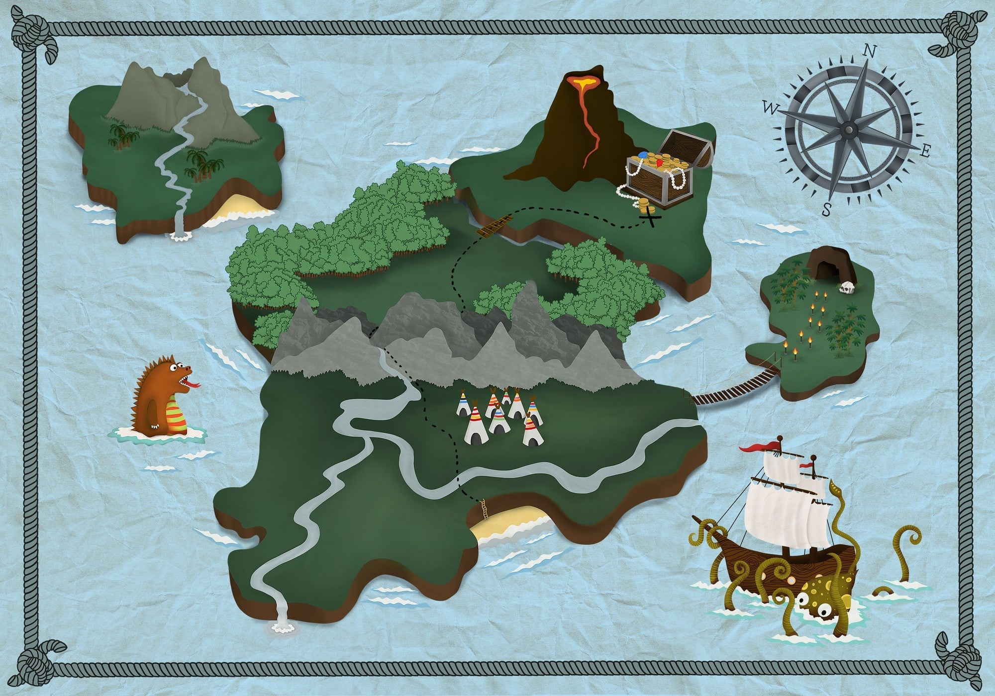 9700071 Treasure Map Aqua Random Kids Mural by Coordonné