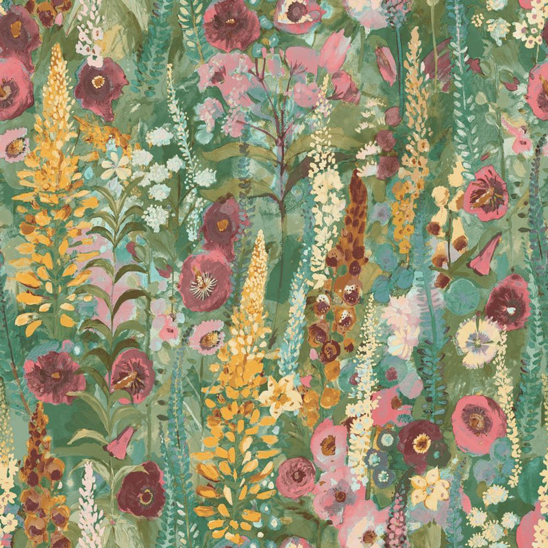 A74601 Delphinium Forest Green / Pink Wallpaper by Grandeco