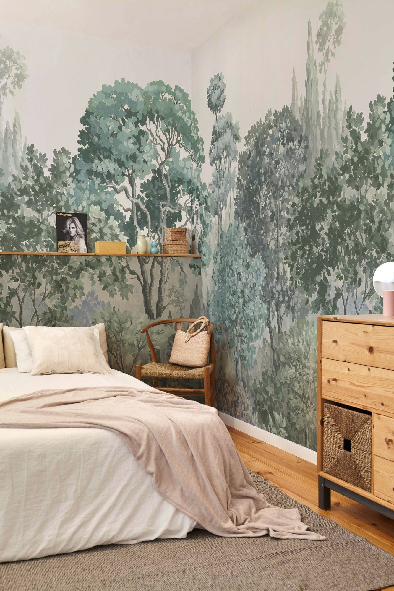 A00304 Minerva Swan, Blanco, Verde Linen Aracne Mural by Coordonné