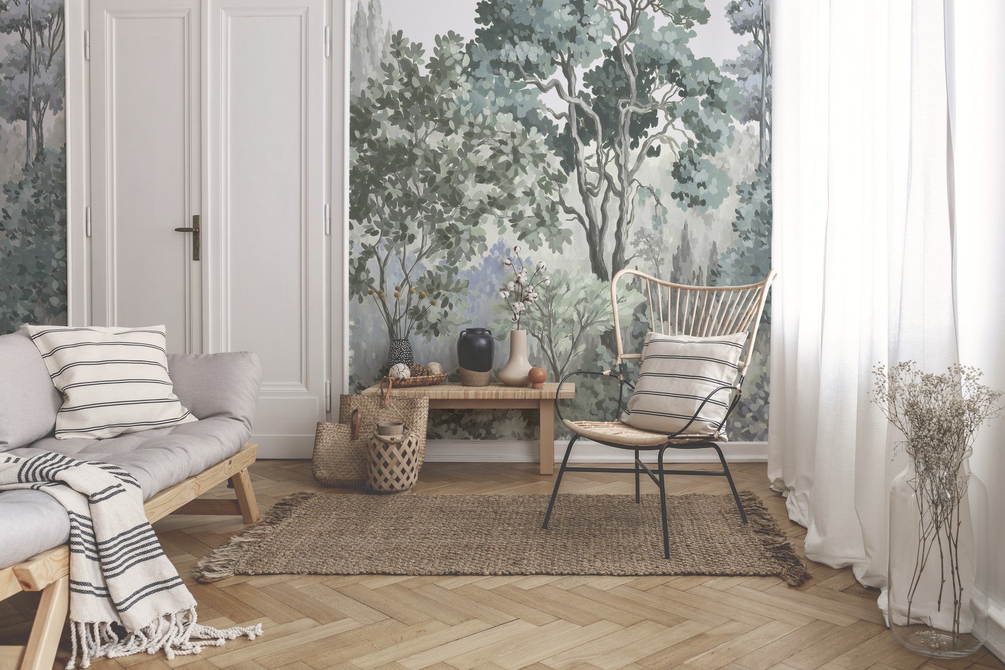 A00304 Minerva Swan, Blanco, Verde Linen Aracne Mural by Coordonné