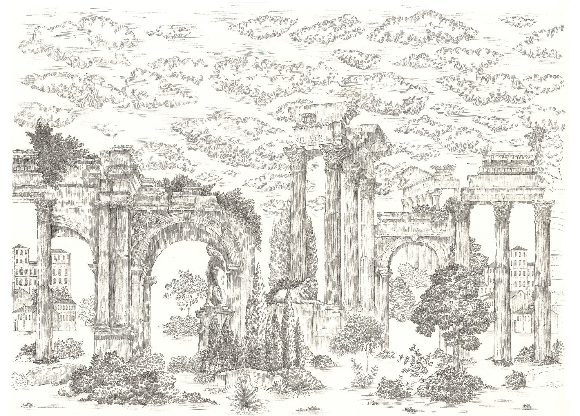 A00329 Ruins Graphite Linen Aracne Mural by Coordonné