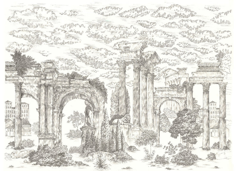 A00329 Ruins Graphite Linen Aracne Mural by Coordonné