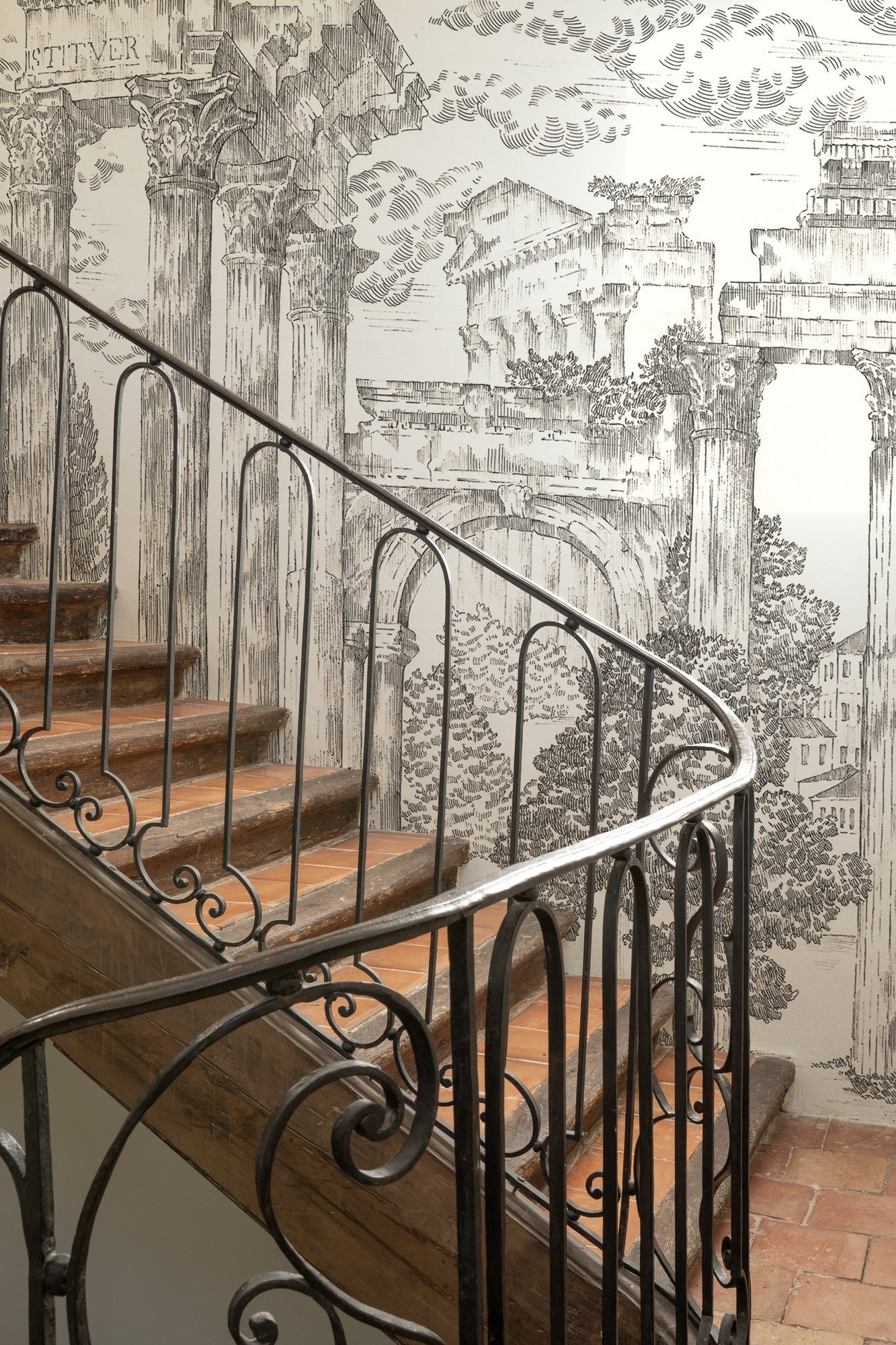 A00329 Ruins Graphite Linen Aracne Mural by Coordonné