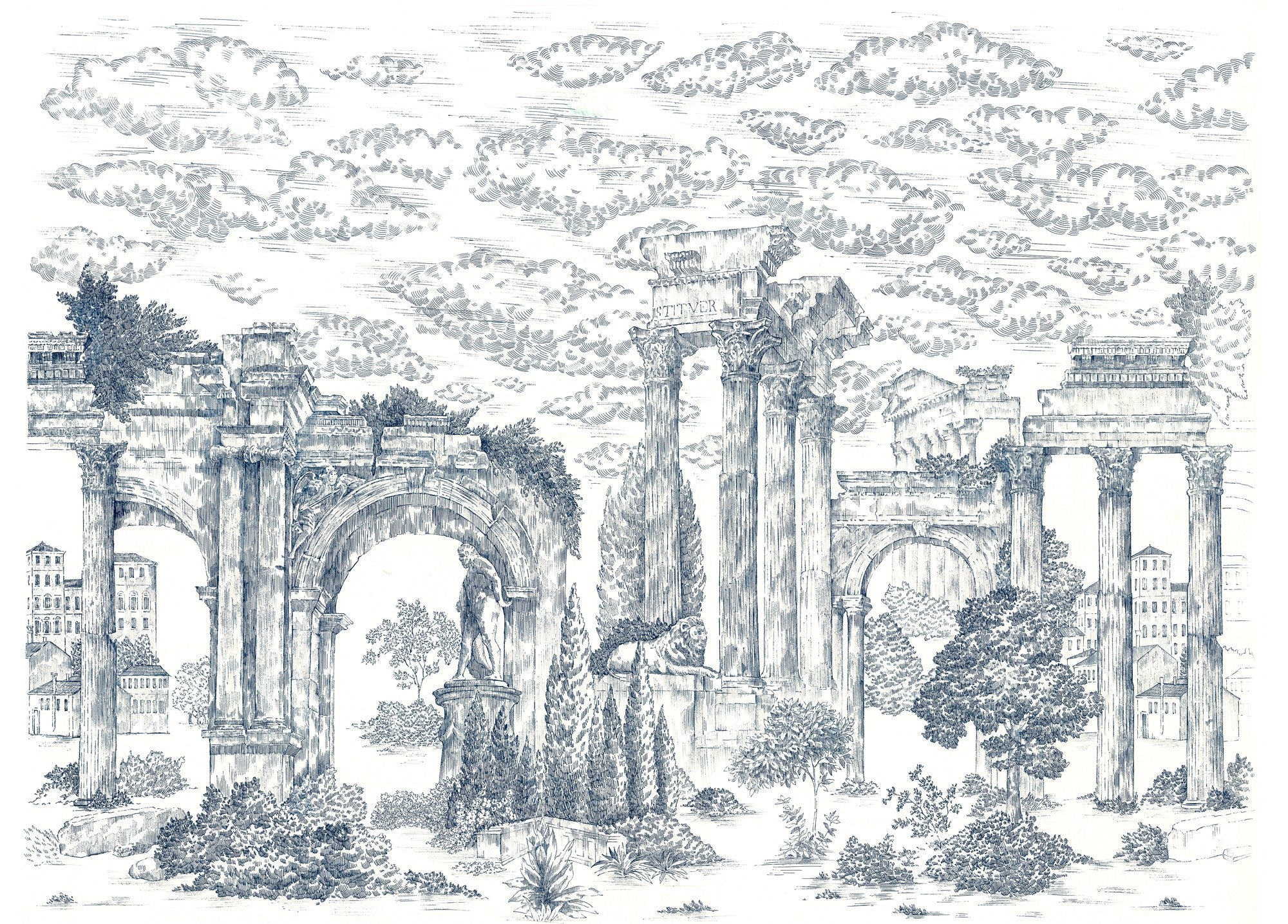 A00330 Ruins Cobalt Linen Aracne Mural by Coordonné