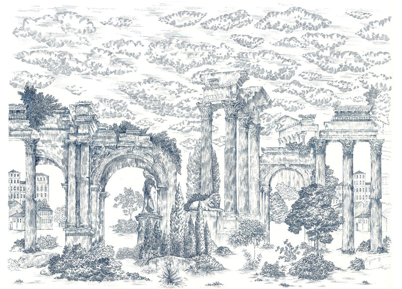 A00330 Ruins Cobalt Linen Aracne Mural by Coordonné