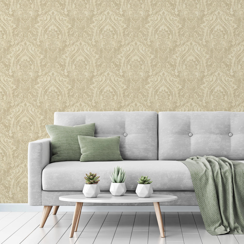 A68703 Textured Damask Cream and Gold Wallpaper by Grandeco