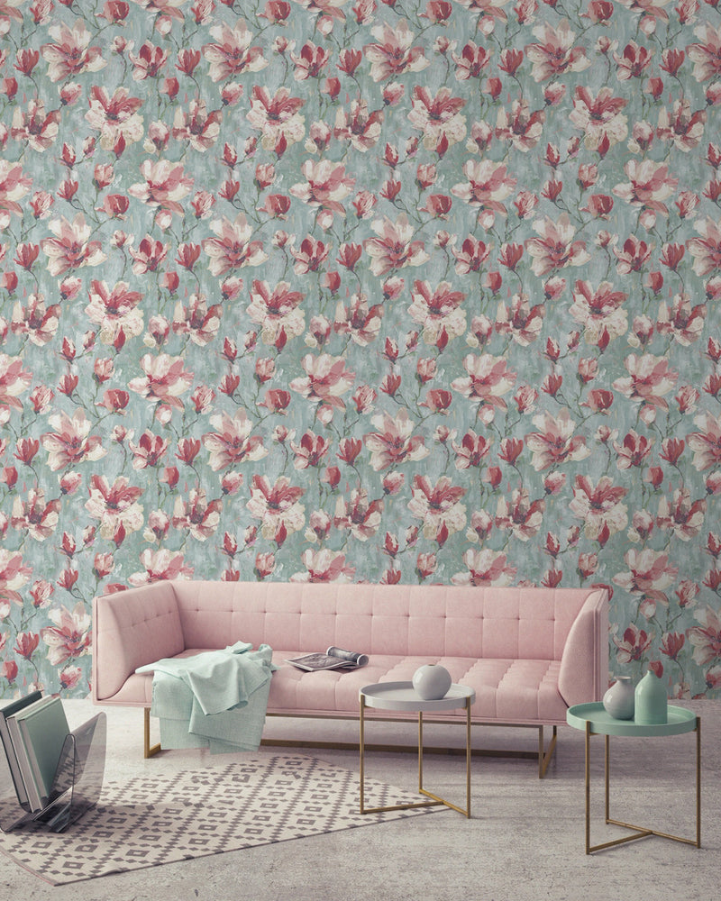 A72401 Camilla Floral Teal / Pink Wallpaper by Grandeco