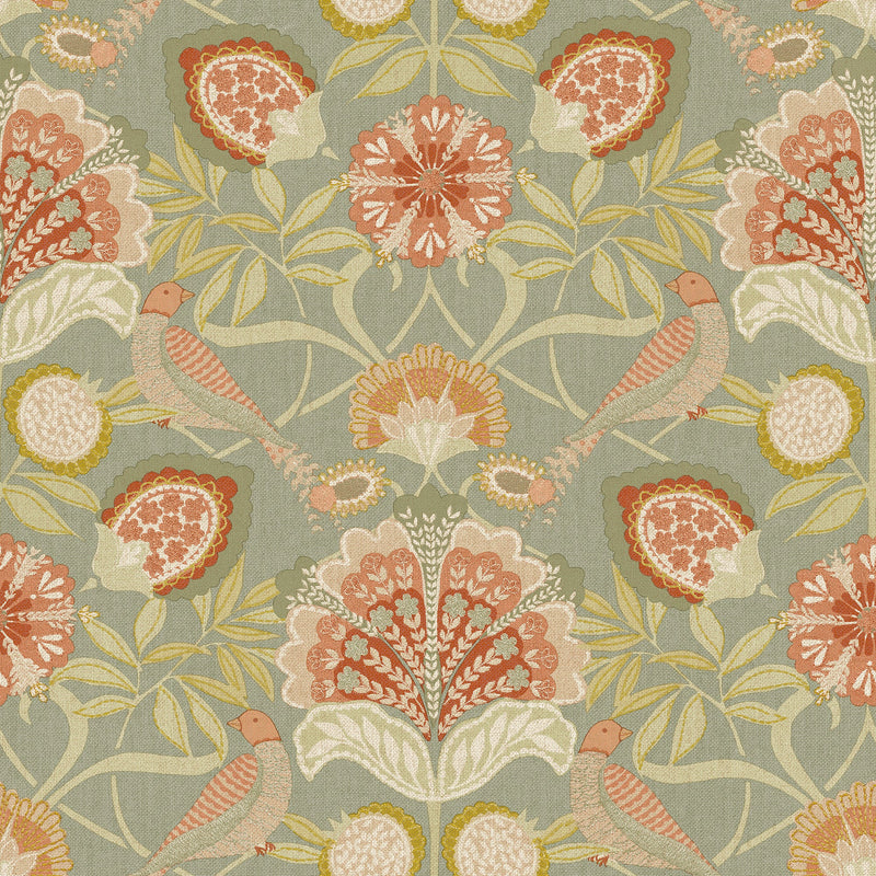 A84702 Persian Garden Sage Green Wallpaper by Grandeco - flat