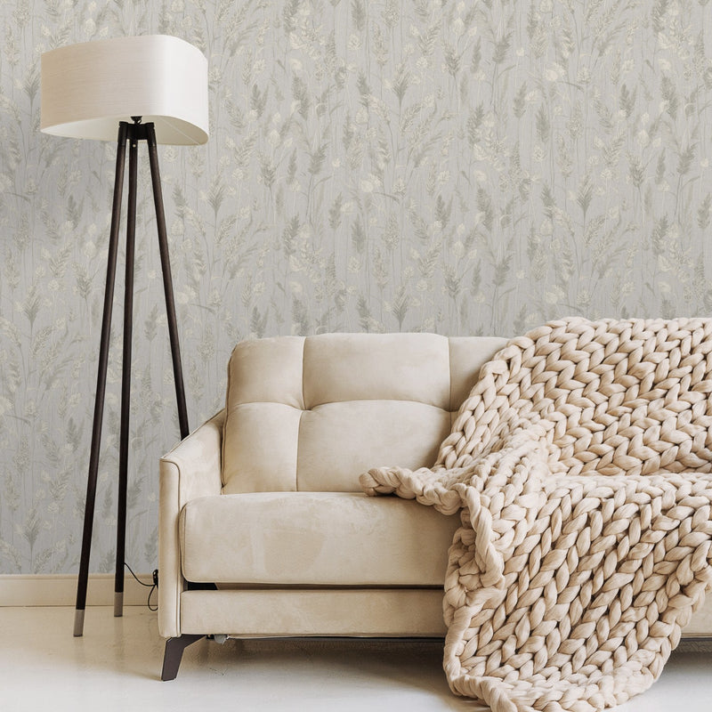 Meadow Grasses Silver Wallpaper by Grandeco