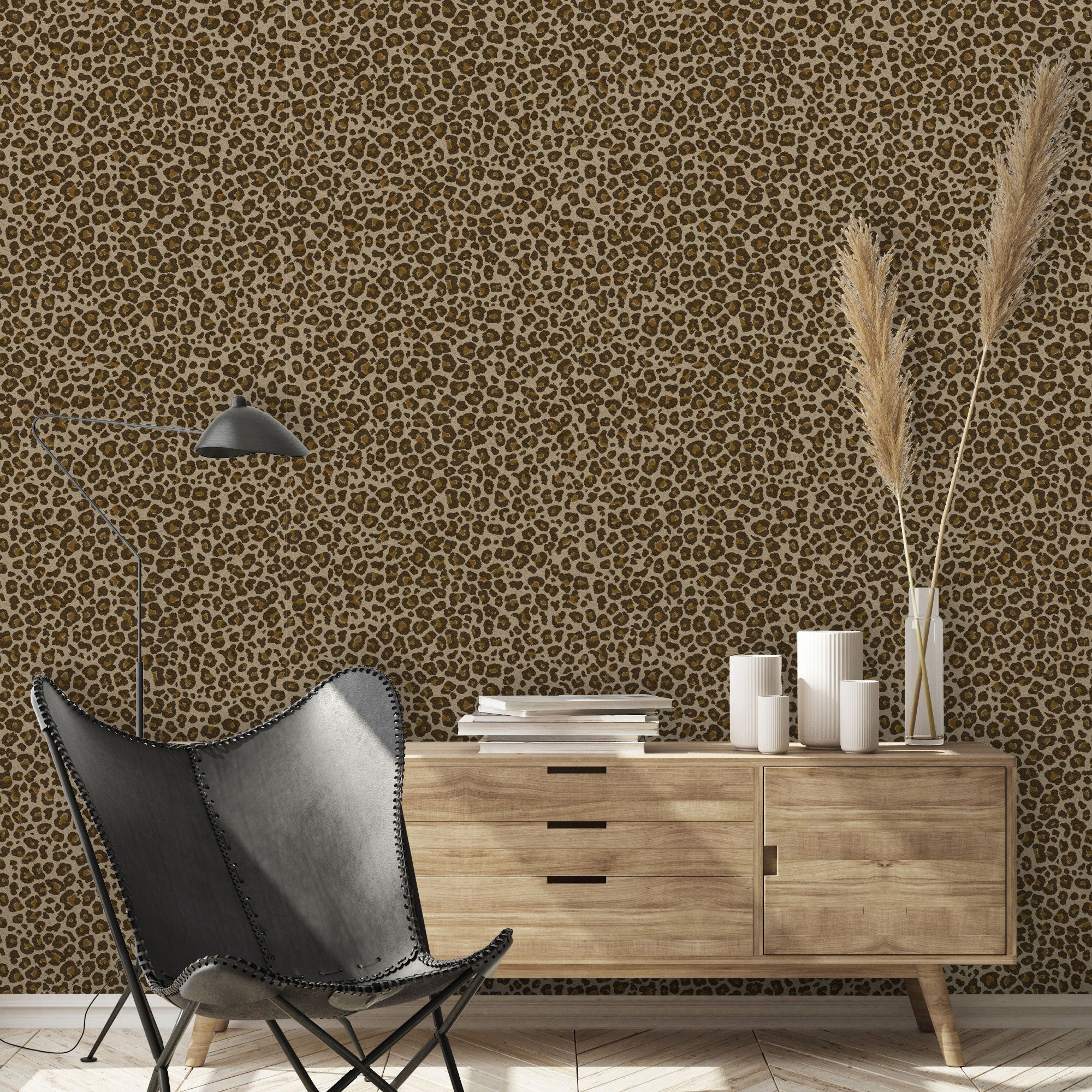 A86302 Leopard Chocolate & Gold Paul Moneypenny Wallpaper by Grandeco