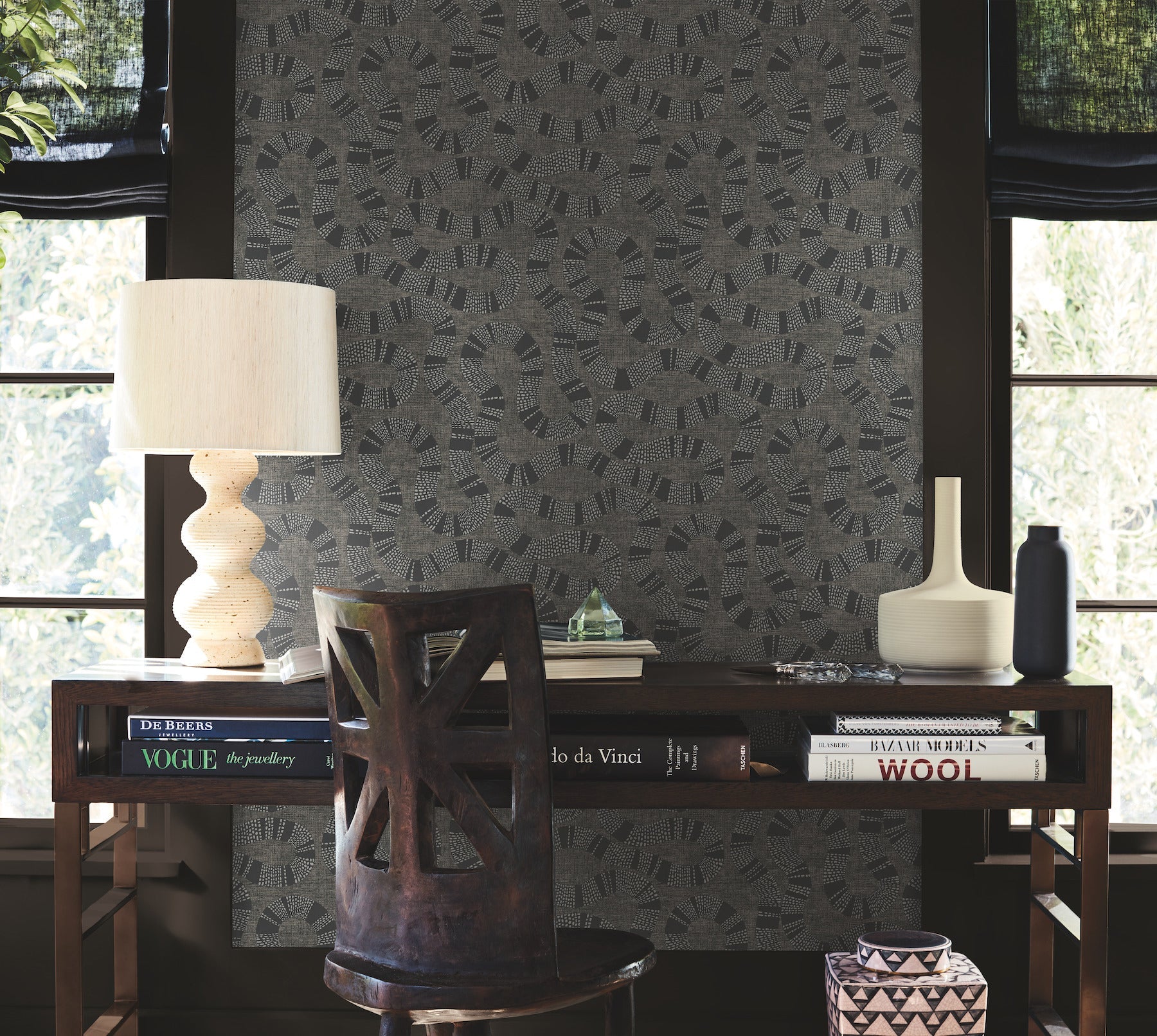 AB3004 Ophidia Black Artifacts Wallpaper by York Wallcoverings
